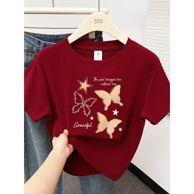 安哥拉红正肩短袖T恤女款夏季2025爆款时尚圆领蝴蝶印花上衣潮服