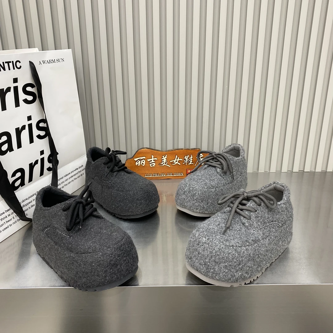 欧货毛呢毛毛鞋厚底松糕超高跟小个子灰色勃肯鞋大头面包增高女潮