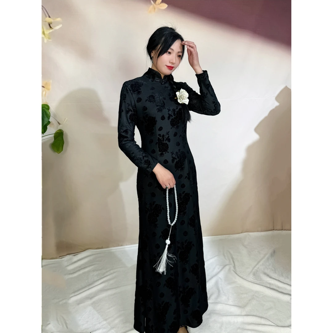 2512缘织裳旗袍[黑玫瑰]原创自制丝绒压花面料金线绣春季新款