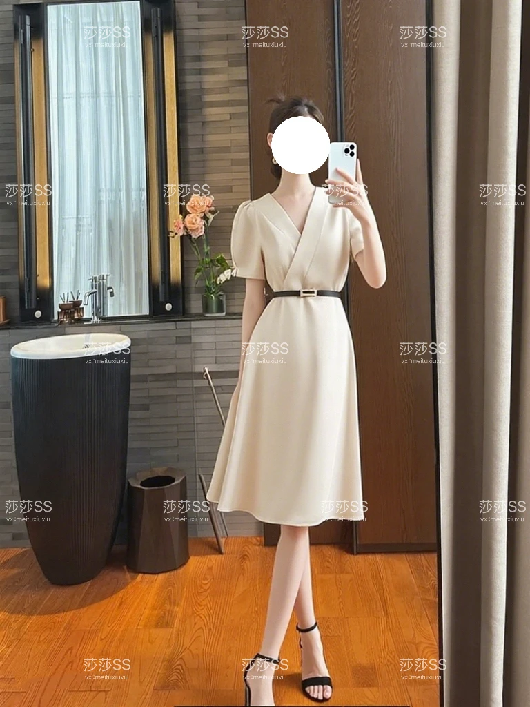 SS1530夏季法式气质简约V领收腰显瘦系带A字优雅女士连衣裙