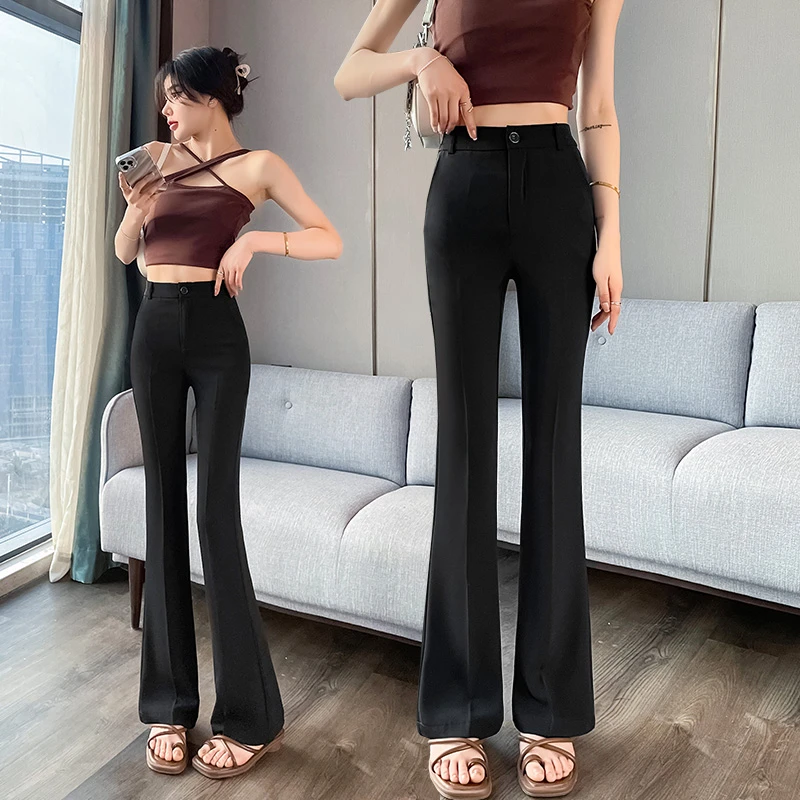 黑色微喇冰丝裤女款爆款2025新款夏季薄款高腰显瘦窄版西装喇叭裤