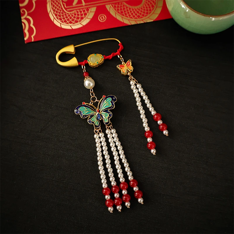 合金仿珍珠胸针 中国风古典汉服旗袍压襟烧蓝蝴蝶流苏配饰胸针