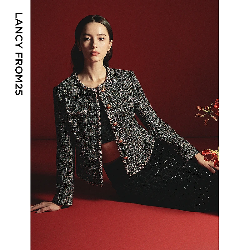 朗姿小香风圆领正肩高级感上衣外套2025年春季新款修身气质短外套