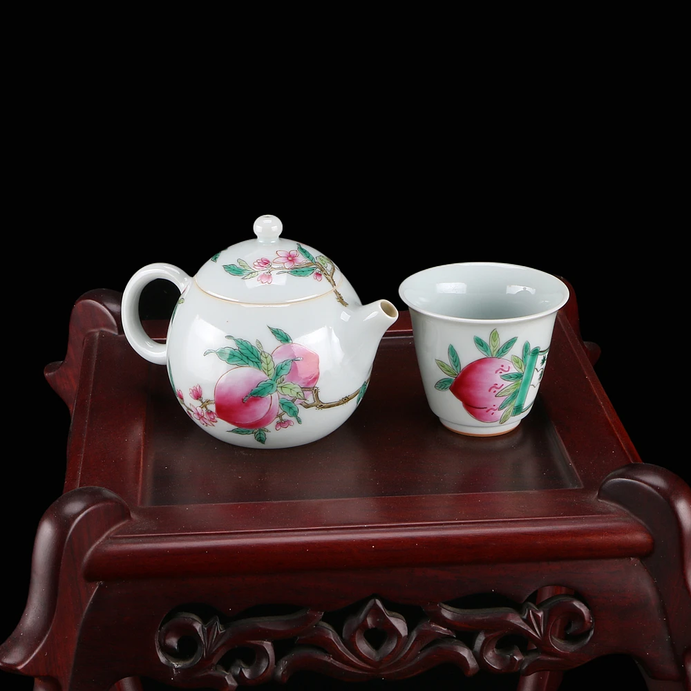 景德镇567老厂货玩玉粉彩大号珐琅彩复古桃子小茶壶一杯精美品