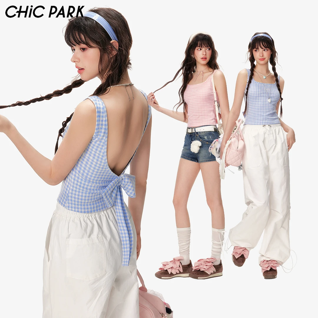 CHiCPARK法式复古风撞色格纹绣花背心大露背立体蝴蝶结甜辣风吊带