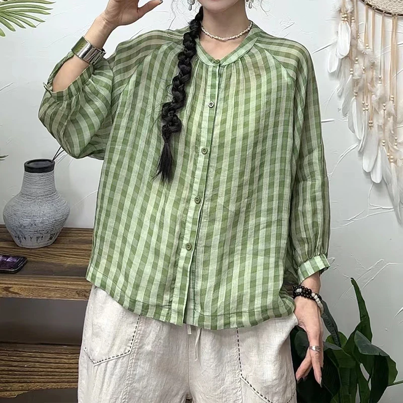 复古苎麻内里包边格子长袖衬衫女新款文艺宽松百搭显瘦舒适上衣