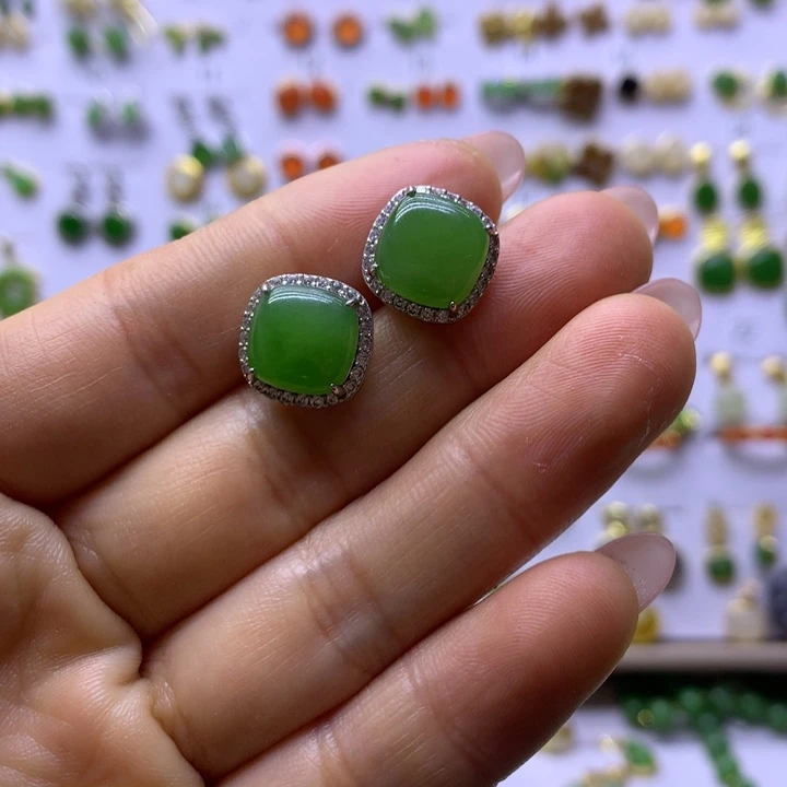 和田玉银S925镶嵌耳饰