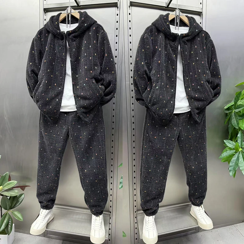 冬季加厚套装男女同款连帽外套彩织雪尼尔休闲运动两件套帅气整套