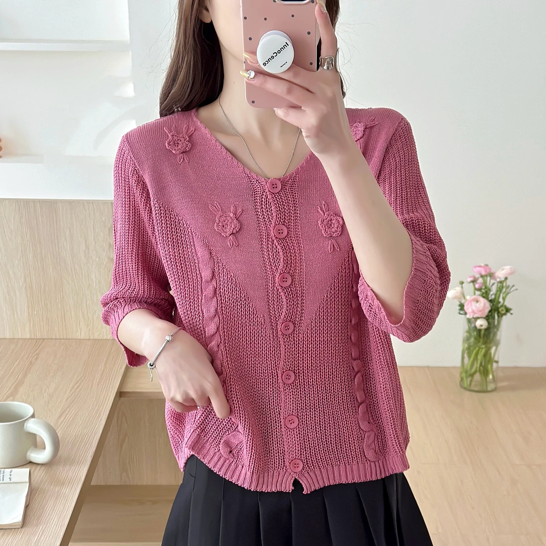 纯色立体花单排扣五分袖针织衫宽松舒适透气时尚气质减龄百搭麻衫