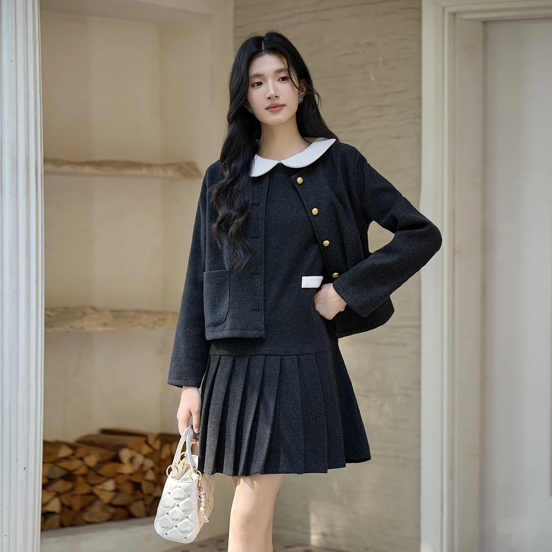 奢姿大码女装2025冬季减龄娃娃领背心裙套装胖妹妹百褶时尚两件套