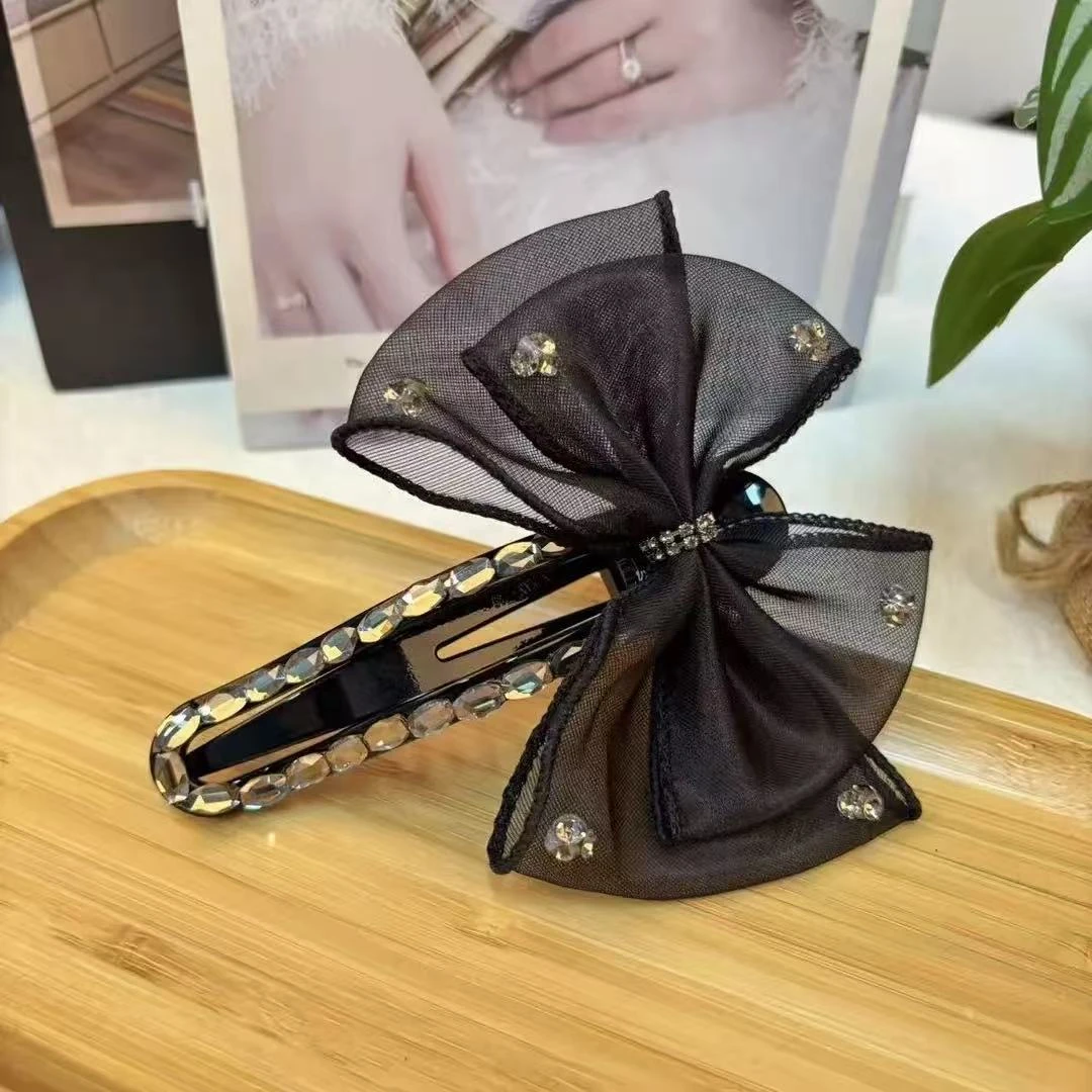 韩系黑色网纱蝴蝶结超大号懒人夹盘发半扎发夹鸭嘴夹3111