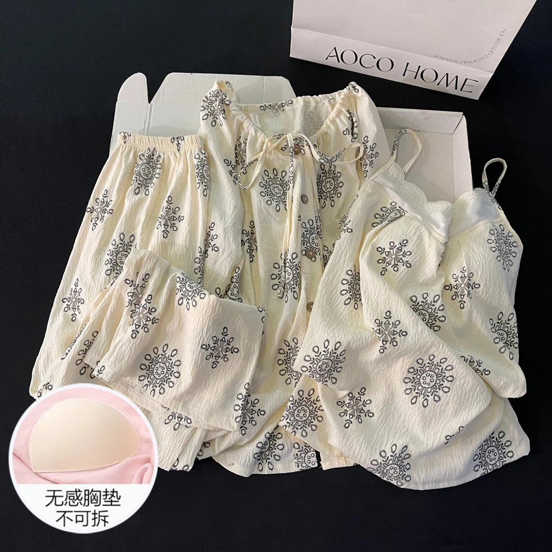 云朵棉睡衣女春秋季带胸垫大码舒适吊带长裤三件套装大雪花家居服