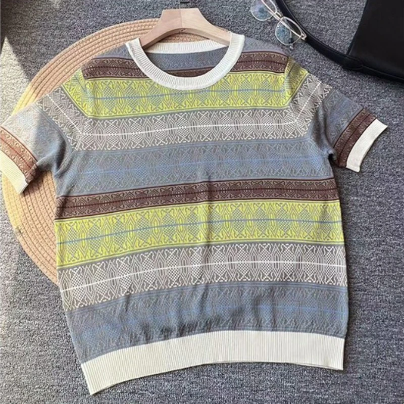 【100天丝莱赛尔】重工提花夏装新款女装韩版短袖上衣针织衫薄5123