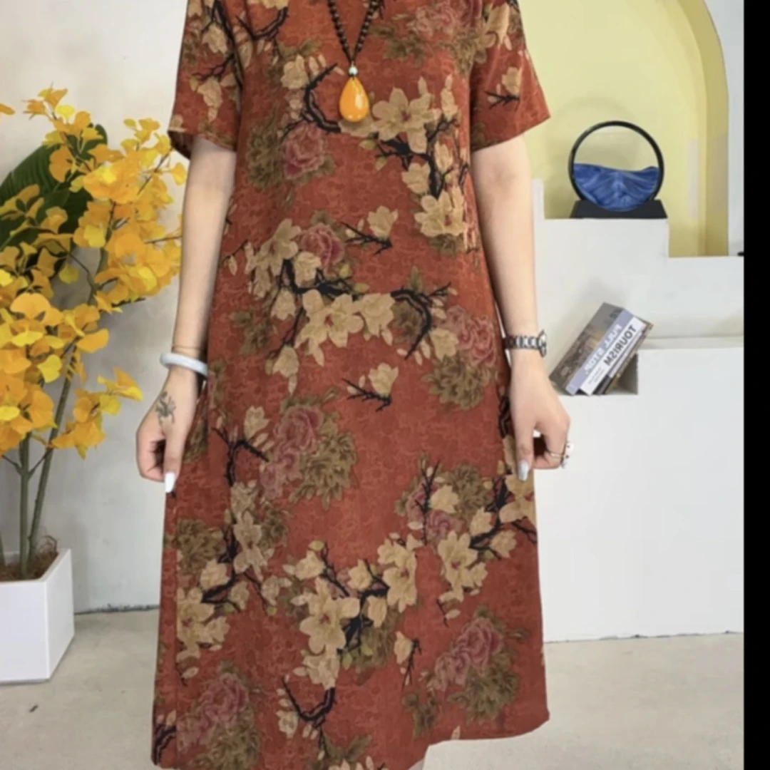 10001-连衣裙夏季新款中老年妈妈宽松长裙短袖时尚裙子【富通物流】
