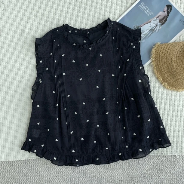 ［巧巧定制］新款韩版百搭修身显瘦时尚木耳边碎花爱心无袖衬衫6634