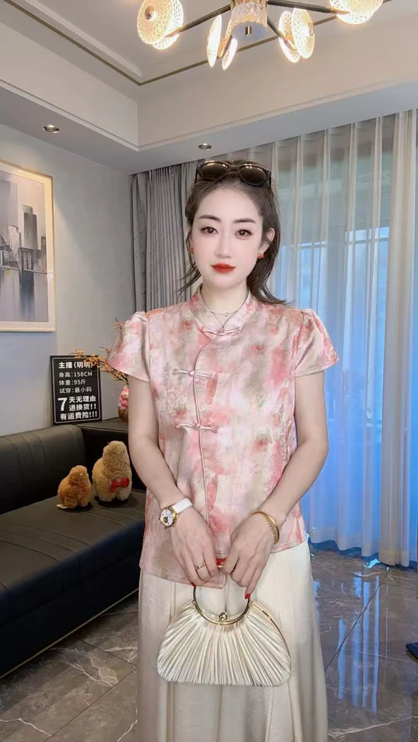 【玥玥专属】日常碎花常规款上衣网红新中式泡泡袖斜襟提花薄款