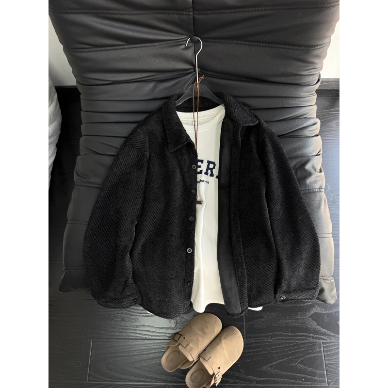 美式复古加绒衬衫男秋冬高级感cleanfit针织潮流外套宽松长袖衬衣