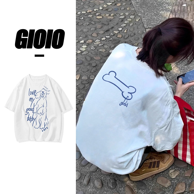 GIOIO夏日蓝白配色长毛小狗T恤ins夏季宽松印花休闲纯棉百搭半袖