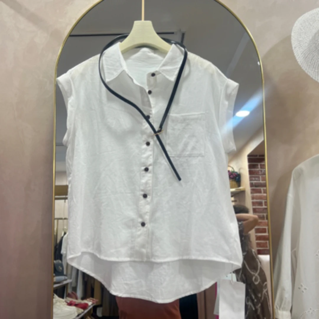 夏季爆款韩版气质polo领收腰衬衫女显瘦遮肉衬衣皮带款