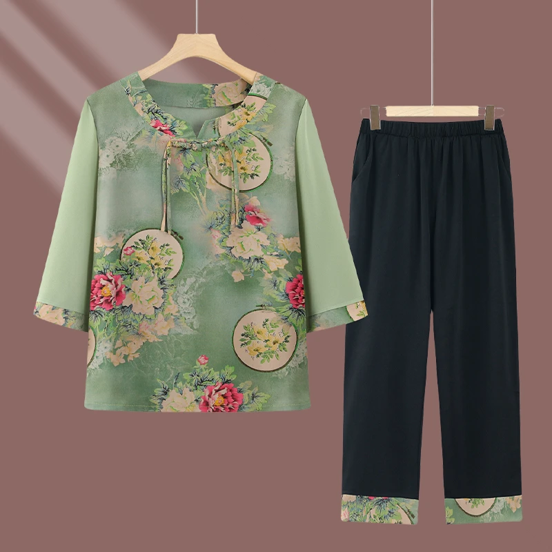 妈妈装夏装七分袖洋气套装中老年女装气质中袖新中式奶奶装开衫