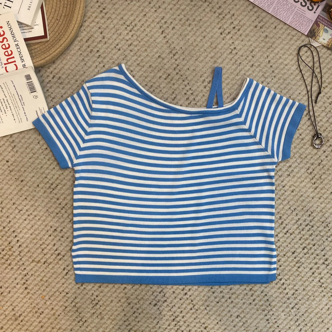 2025夏季新款宽松冰麻针织斜领条纹短袖T恤3851