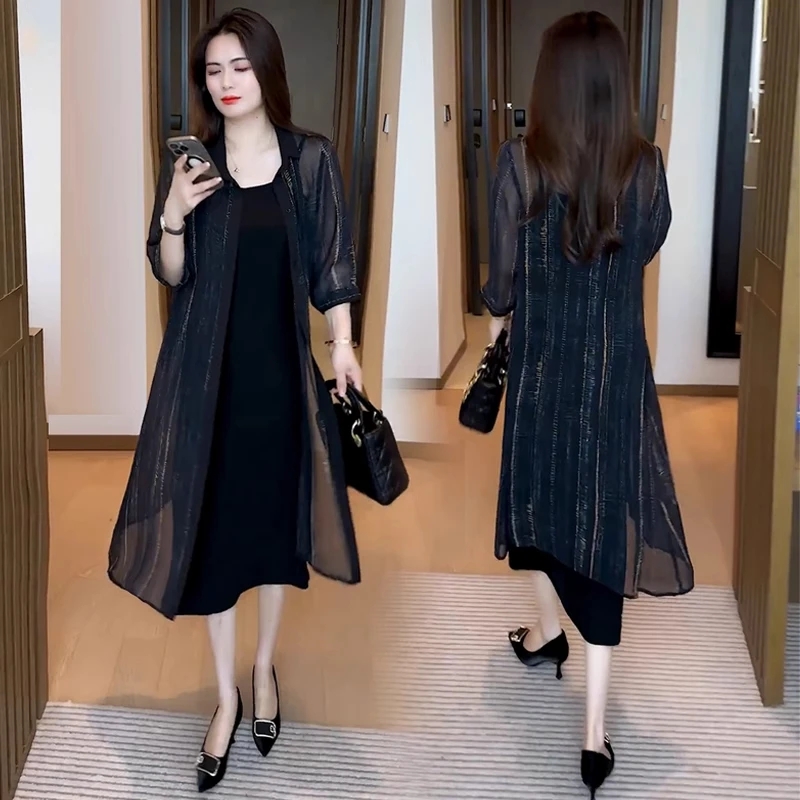 时尚连衣裙套装女夏季新款洋气宽松显瘦防晒衣外披吊带裙两件套潮