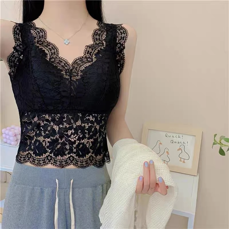 新款固定杯欧货蕾丝拼接冰丝无痕美背内搭外穿宽肩中长版打底背心