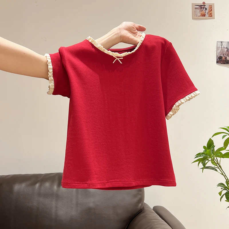 红色圆领纯欲风蕾丝花边蝴蝶结短袖T恤女新款显瘦百搭上衣