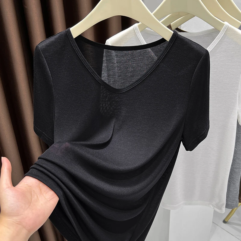 黑色V领短袖T恤女爆款2025新款夏季宽松显瘦正肩五分半袖薄款上衣