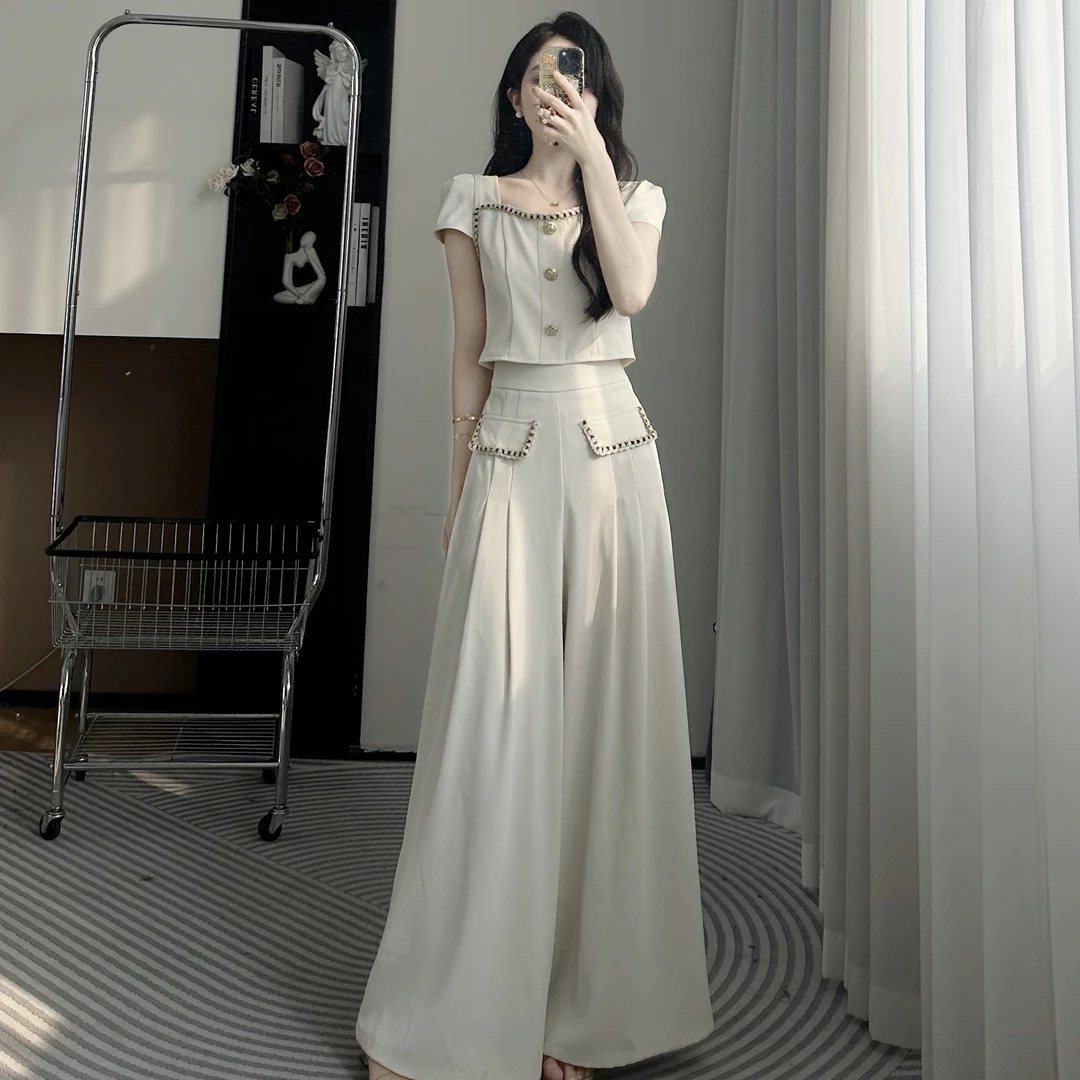 拉夏贝尔/25夏季新气质时尚高级收腰百搭显瘦上衣+裤子 10483 SCJ