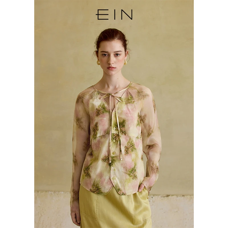 EIN/言商场同款新品火焰印花V领桑蚕丝拼接柯根纱衬衫