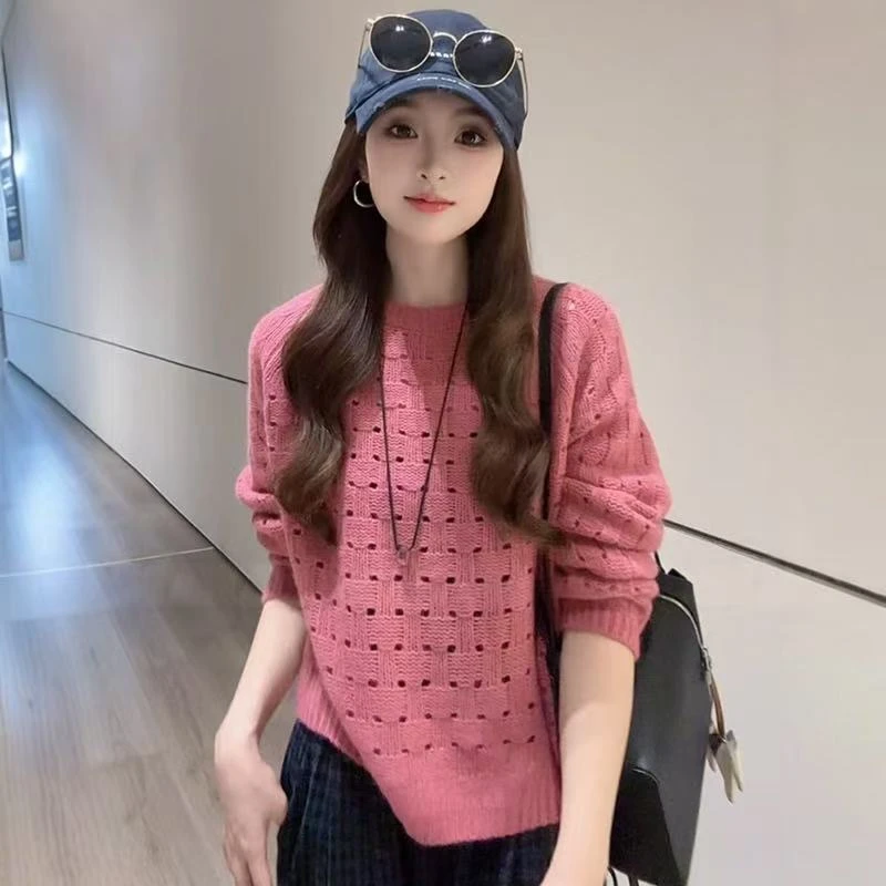 秋季氛围感宽松超好看针织衫套头圆领镂空毛衣