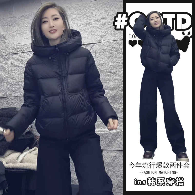 韩版宽松百搭两件套女冬季款时尚气质保暖连帽棉服外套高腰阔腿裤