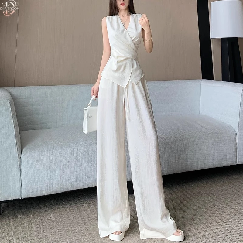 高级感气质韩系套装女夏季薄款无袖上衣慵懒松弛感休闲阔腿裤套装