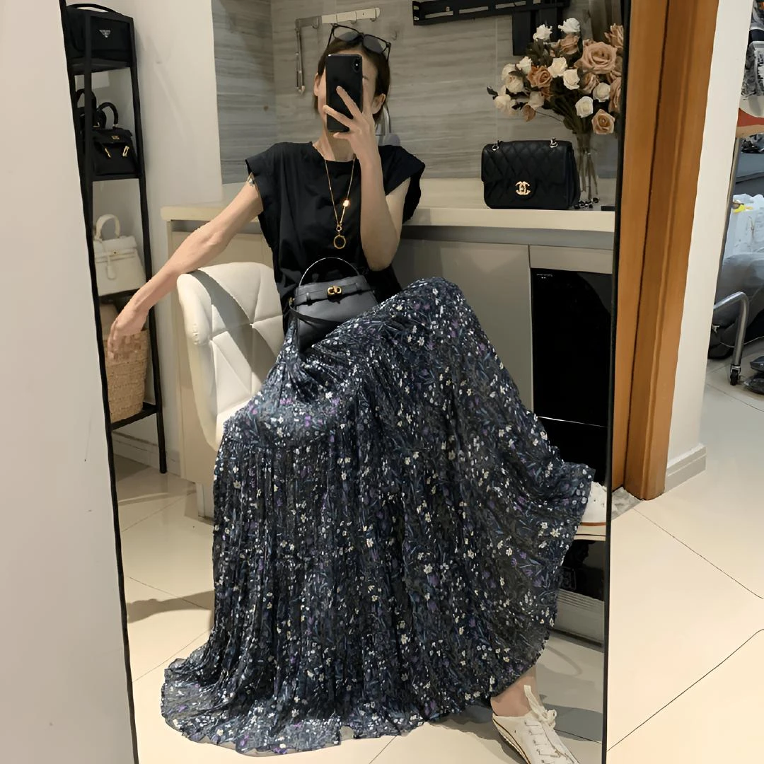 高级薰衣草碎花半身裙女春夏高腰显瘦百搭垂感中长款碎花半身裙女
