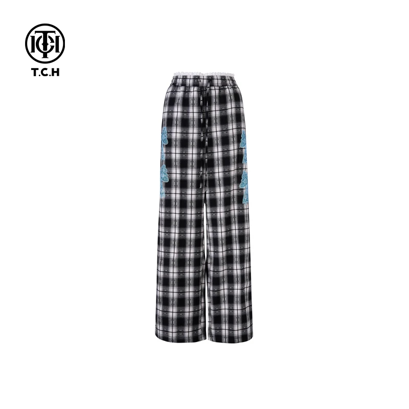 TCH-2025春季新款黑白格烫钻蝴蝶结时尚百搭长裤T75A20E5068