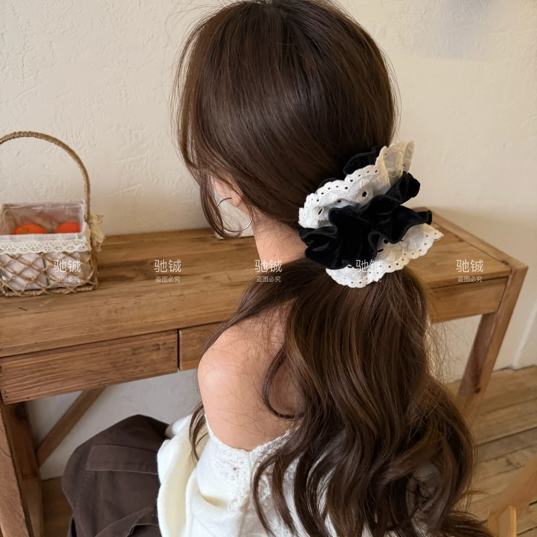 蕾丝精致～ins丝绒花边香蕉夹法式高级感三层发圈发饰韩系秋冬发夹