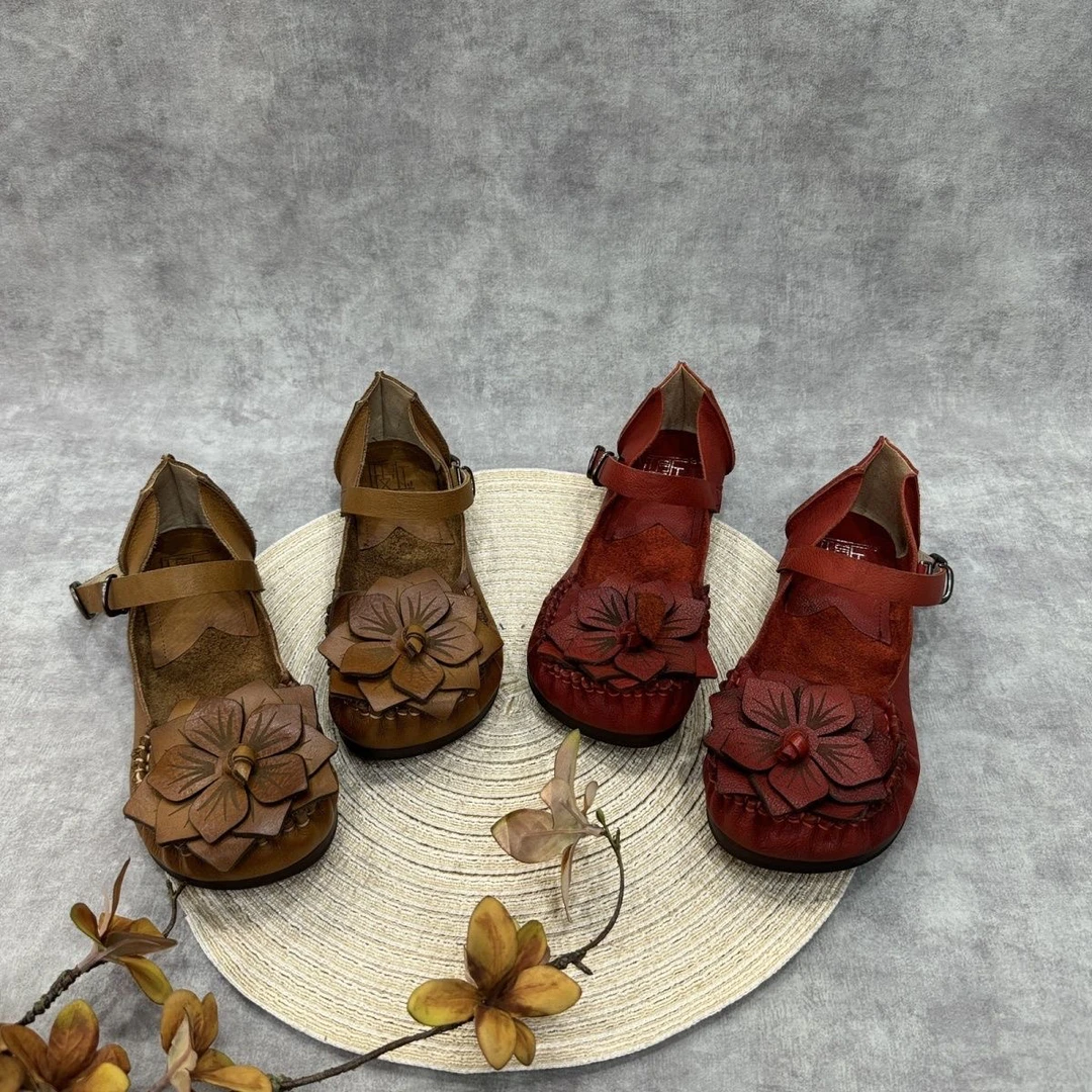 花朵真皮手工复古民族风软底鞋舒适百搭牛皮浅口单鞋一字扣皮鞋