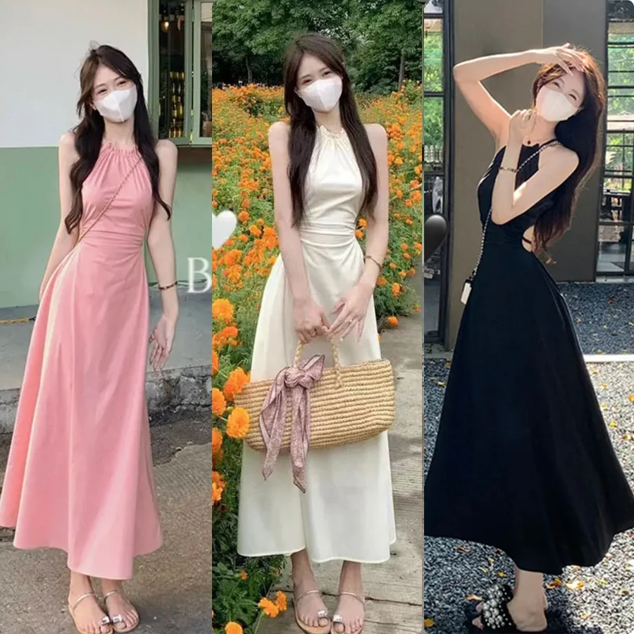 桃玫玫3色~春夏超显瘦连衣裙 挂脖无袖裙子