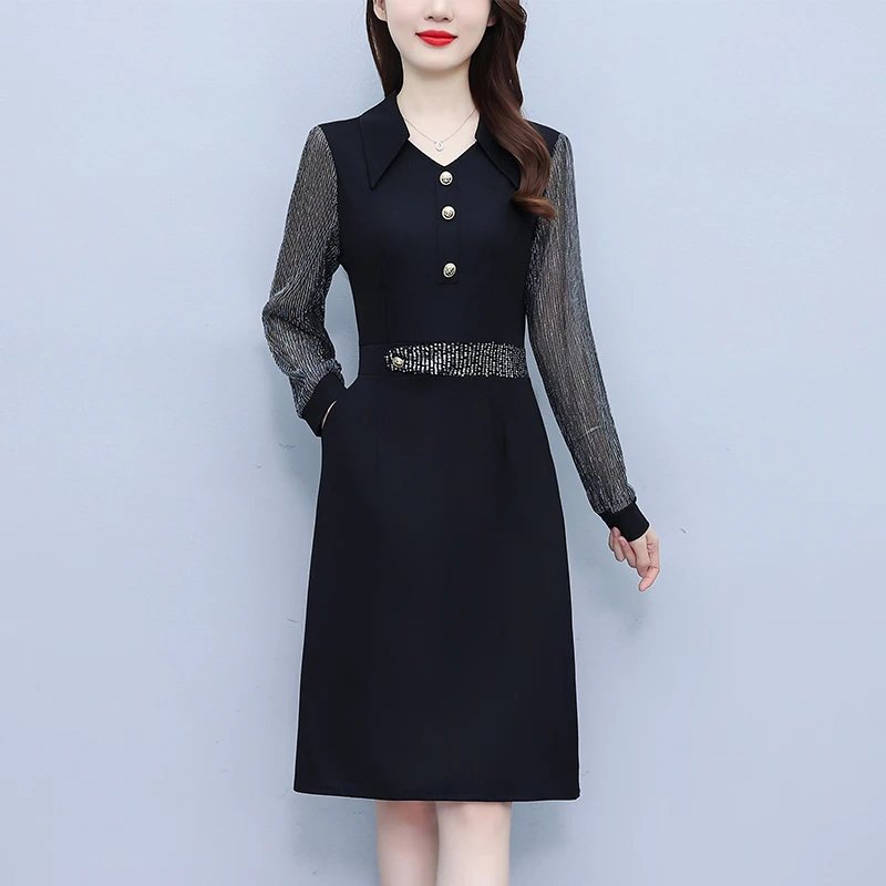 春秋新款优雅气质显瘦连衣裙收腰遮肚中年妈妈装黑色连衣裙256035