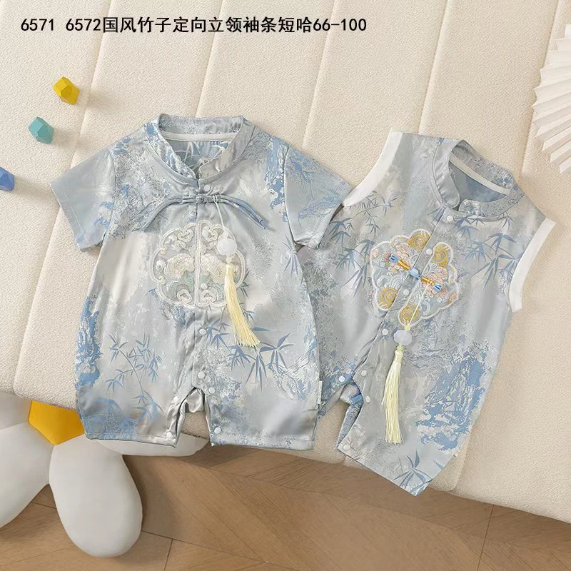 婴儿国风衣服夏季薄款新生儿刺绣碎花爬服满月周岁宝宝连体衣礼服