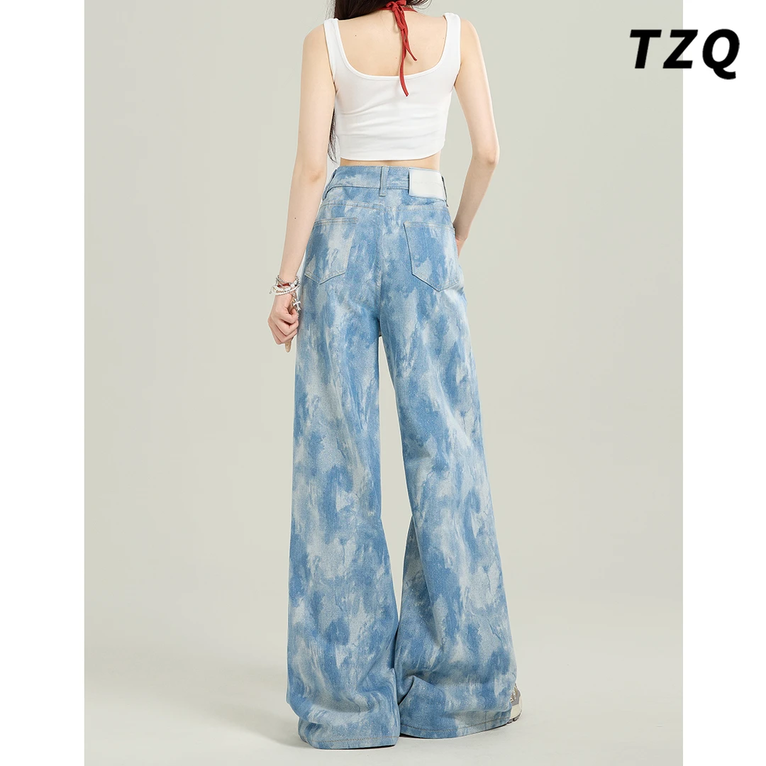 阔腿牛仔裤女爆款2025新款秋季扎染高腰宽松显瘦拖地裤TZQ2532204