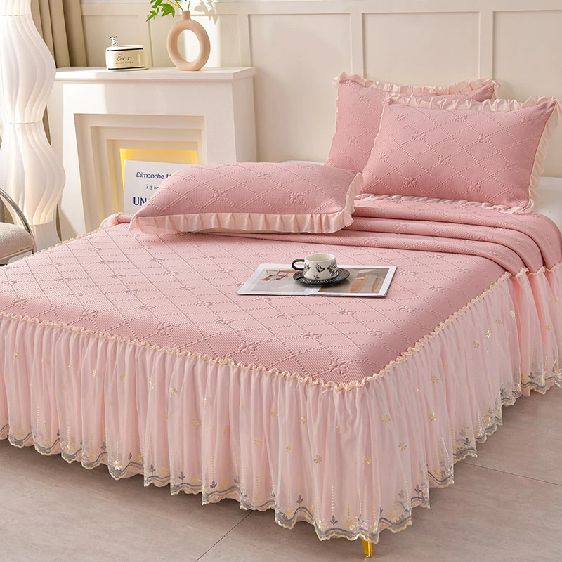 公主风冰凉豆豆凉席床裙款冰丝席三件套蕾丝花边床罩防滑空调软席