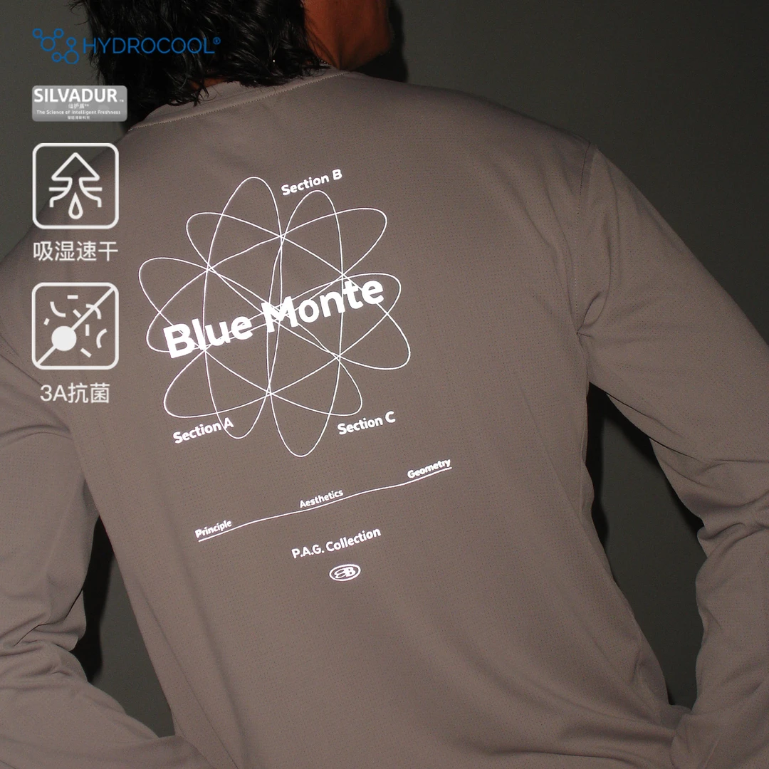 蓝岐8B衍生反光图案运动T恤柔软亲肤透气吸湿速干抗菌圆领长袖男