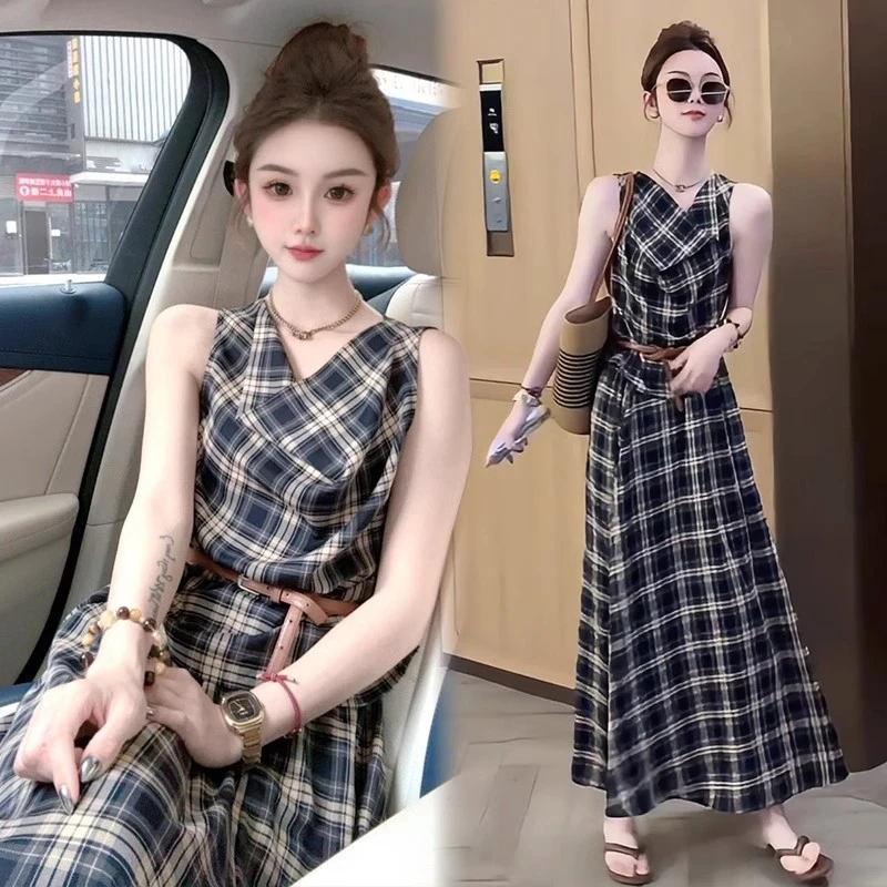 时尚格子套装女2025夏季新款时髦洋气无袖上衣半身长裙气质两件套