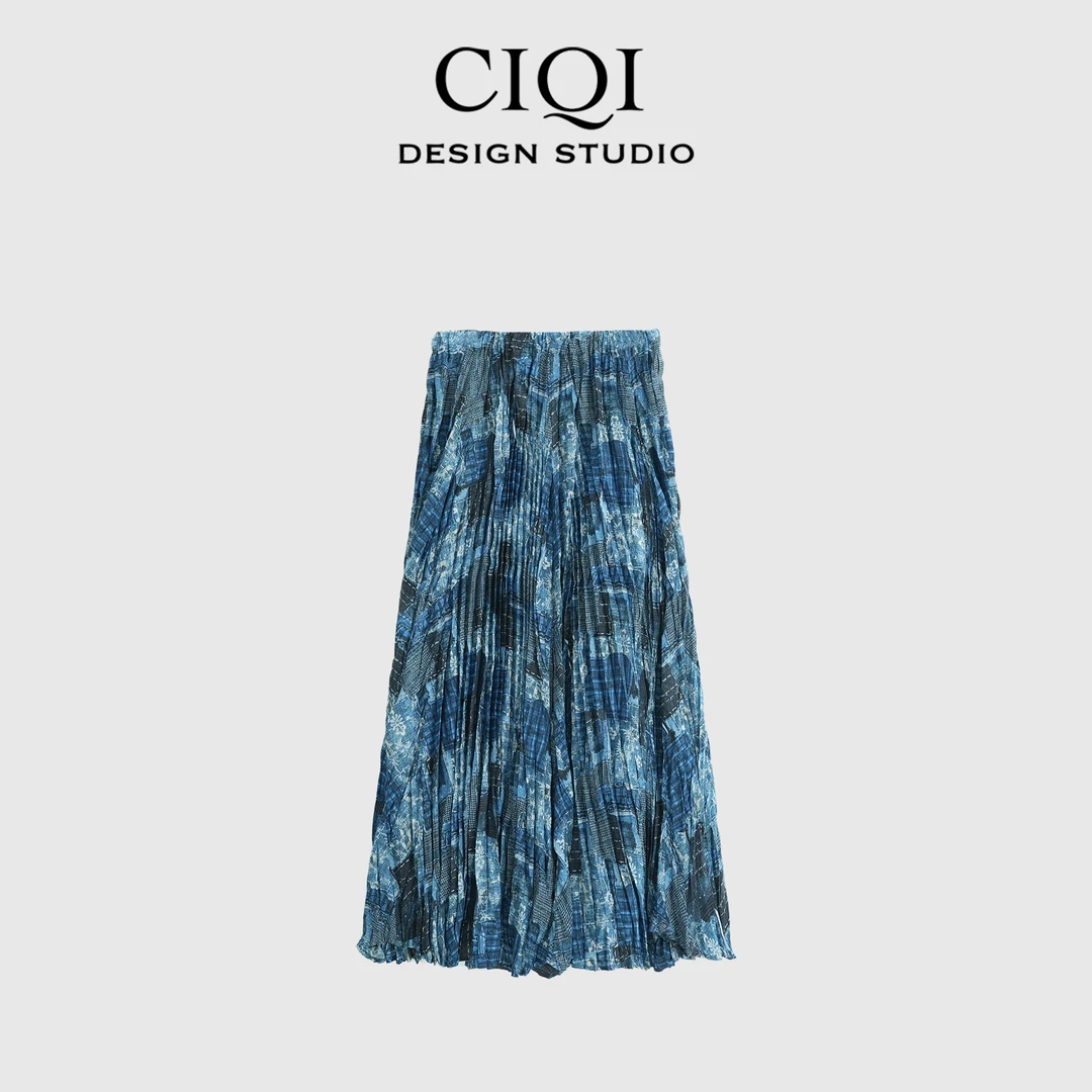 CIQI STUDIO【青花叠浪】复古超仙绝美设计松紧高腰半身裙Q50005
