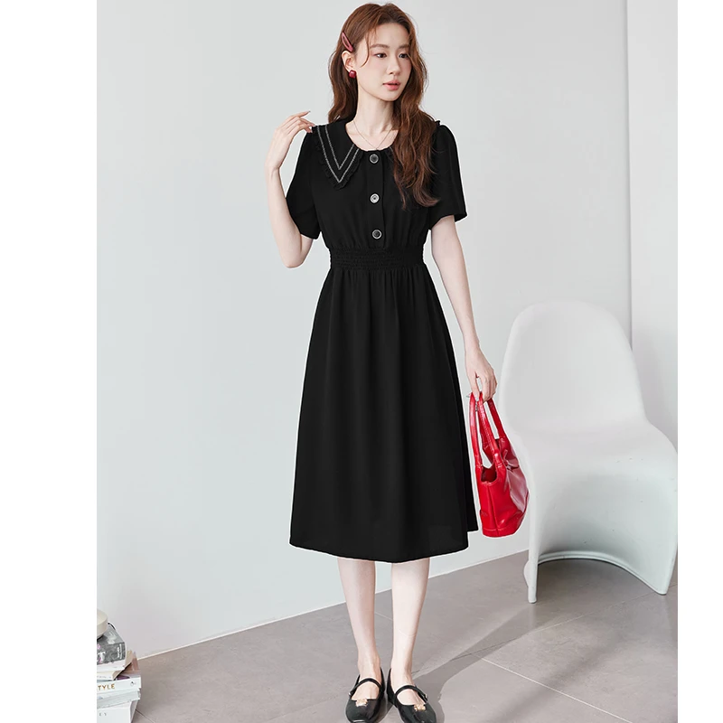 2025夏装新款娃娃领弹力无束缚松紧腰短袖减龄长款连衣裙裙子