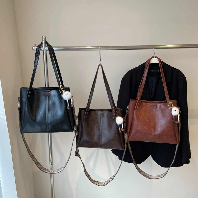 复古纯色托特包PU通勤方形大包包秋冬腋下包韩版肩包斜挎包