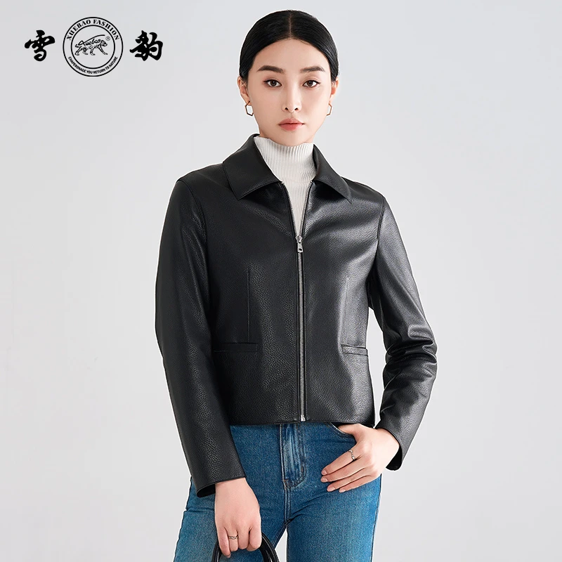 雪豹【专柜】2025新款93911头层鹿皮翻领短款皮衣商务休闲女皮夹克
