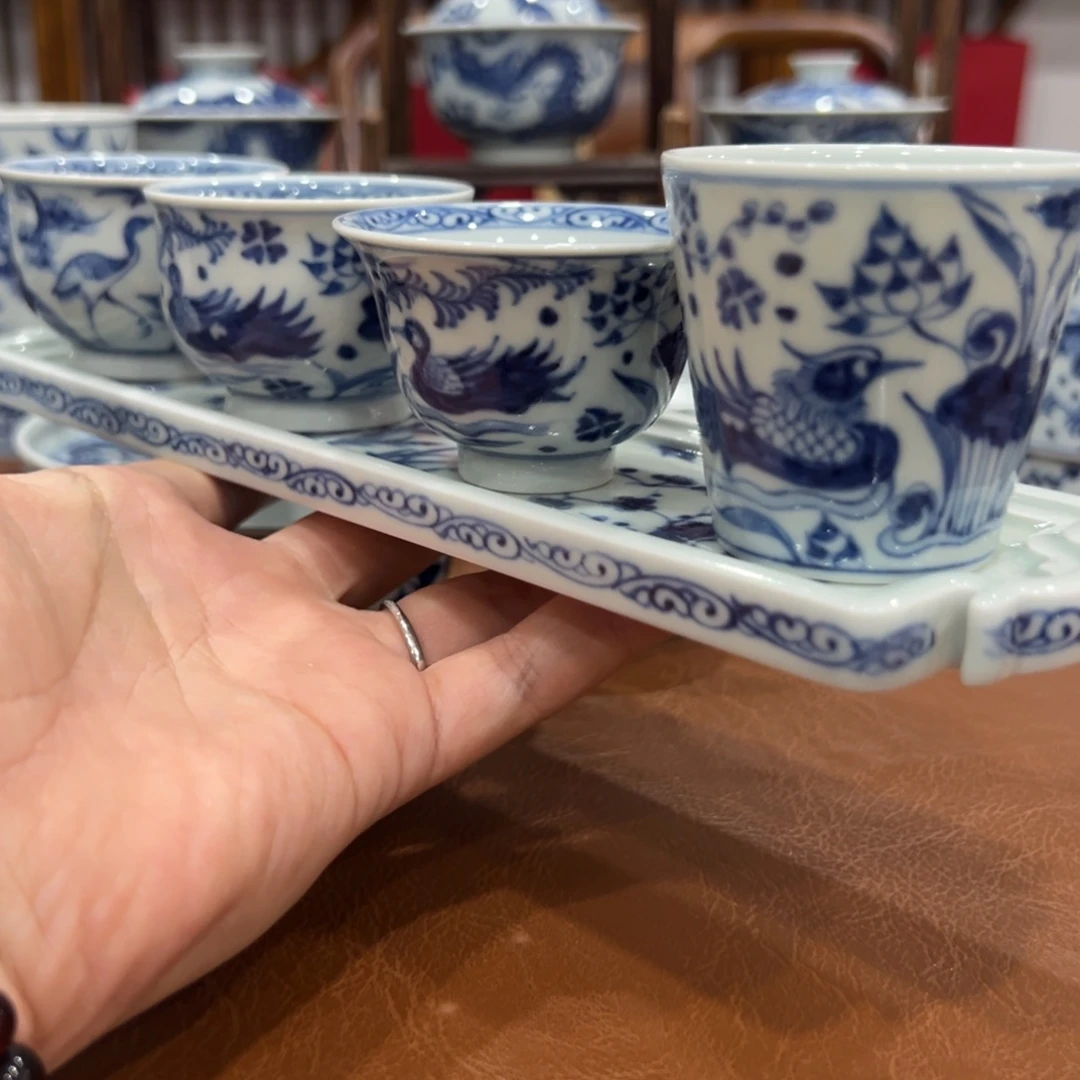 星***光手绘青花鸳鸯松鹤杯4个